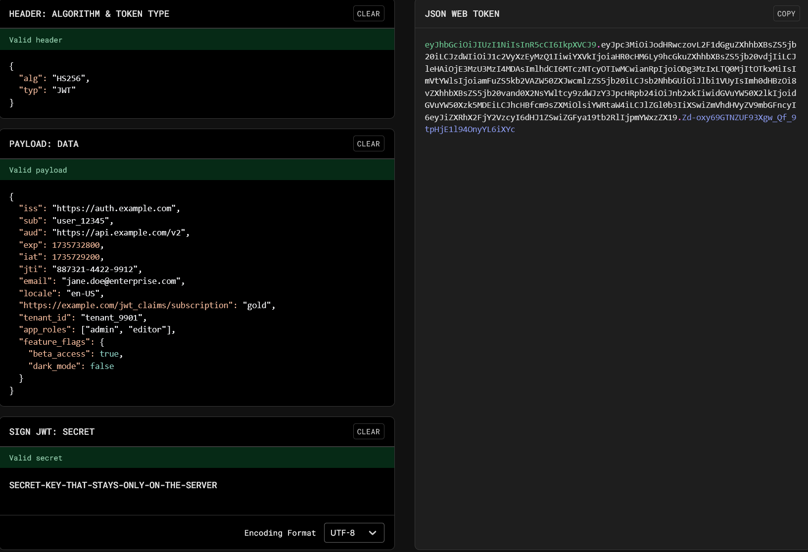 Screen capture showing the signature process of a token on the jwt.io website, showcasing the Header, Payload and Signature