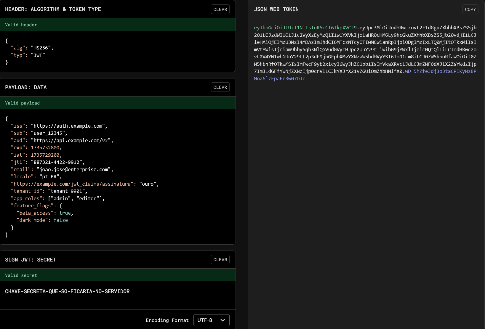 Captura de tela mostrando o processo de assinatura de um token no site jwt.io, destacando o Header, Payload e a Assinatura